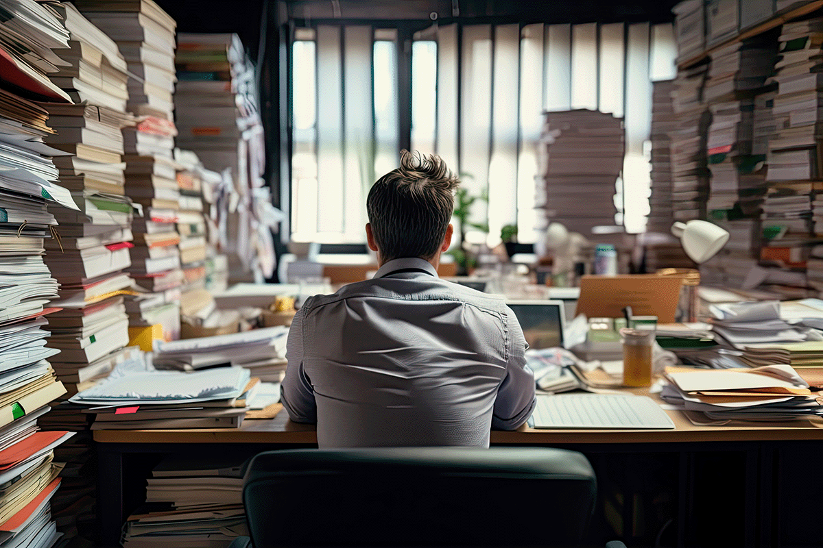 man looking at paperwork piles