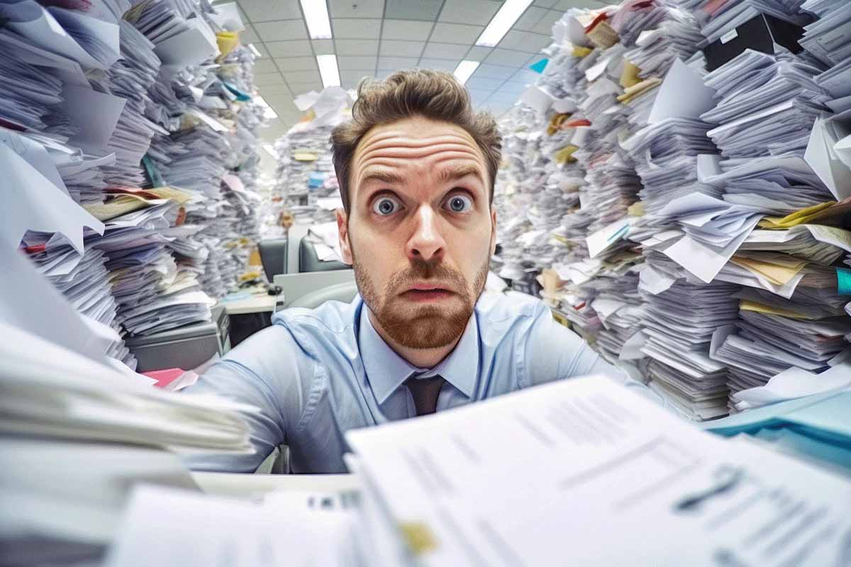 man surrounded by paperwork