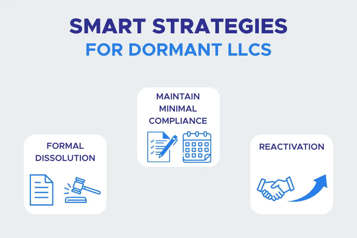 Smart strategies for managing dormant LLC showing options for formal dissolution, maintaining minimal compliance, and business reactivation