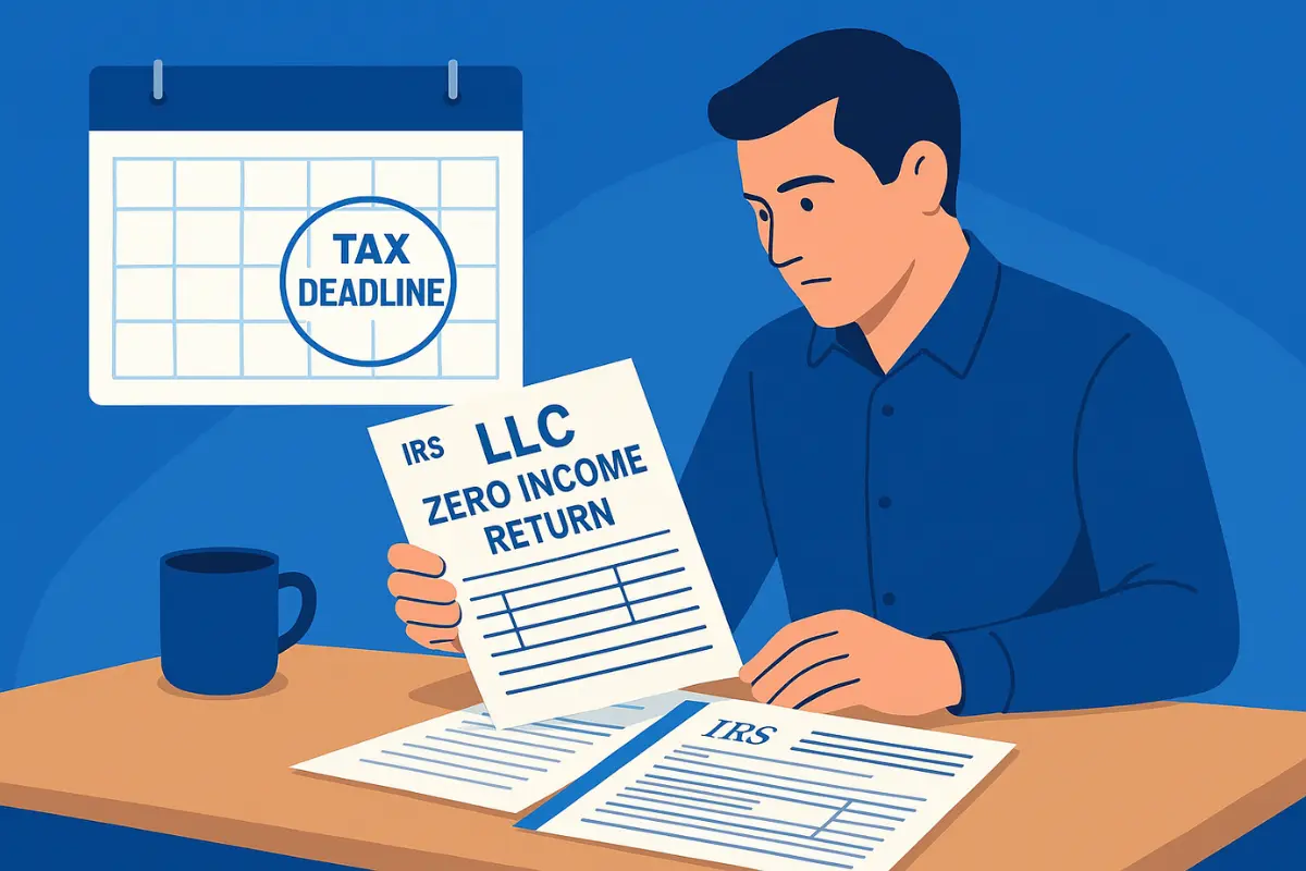 Business owner filing IRS zero income tax return for unused LLC with tax deadline calendar showing compliance requirements