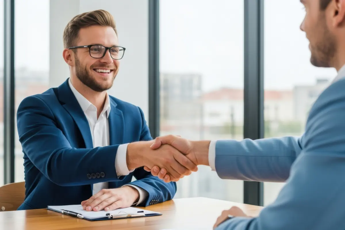 Business partners shaking hands during professional LLC partnership exit negotiation and separation agreement meeting