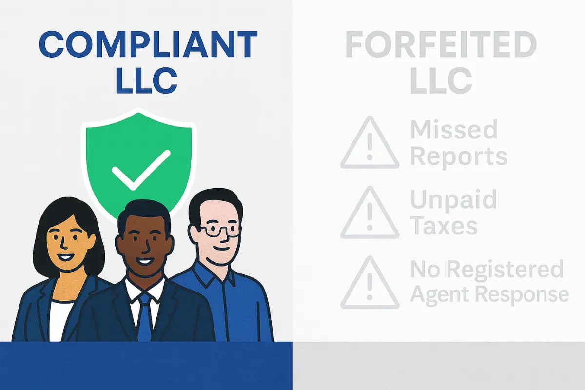 Comparison of compliant LLC versus forfeited LLC showing missed reports unpaid taxes and registered agent issues in Texas