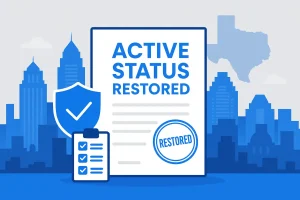 Texas LLC active status restored certificate after successful reinstatement with Secretary of State and tax clearance