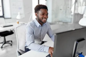 Business owner completing online reinstatement process to restore forfeited Texas LLC to good standing