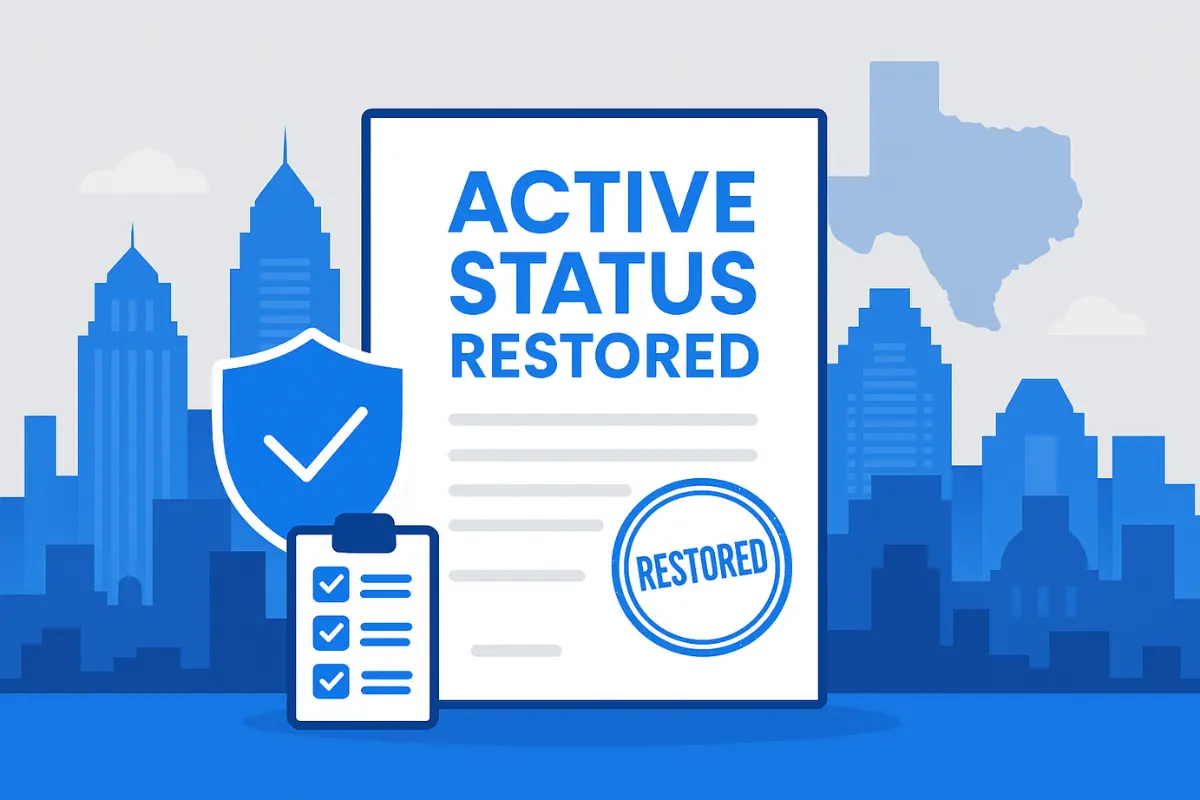 Texas LLC active status restored certificate after successful reinstatement with Secretary of State and tax clearance