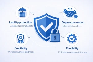 Benefits of operating agreement for LLC showing liability protection dispute prevention credibility and flexibility as reasons why an LLC needs an operating agreement