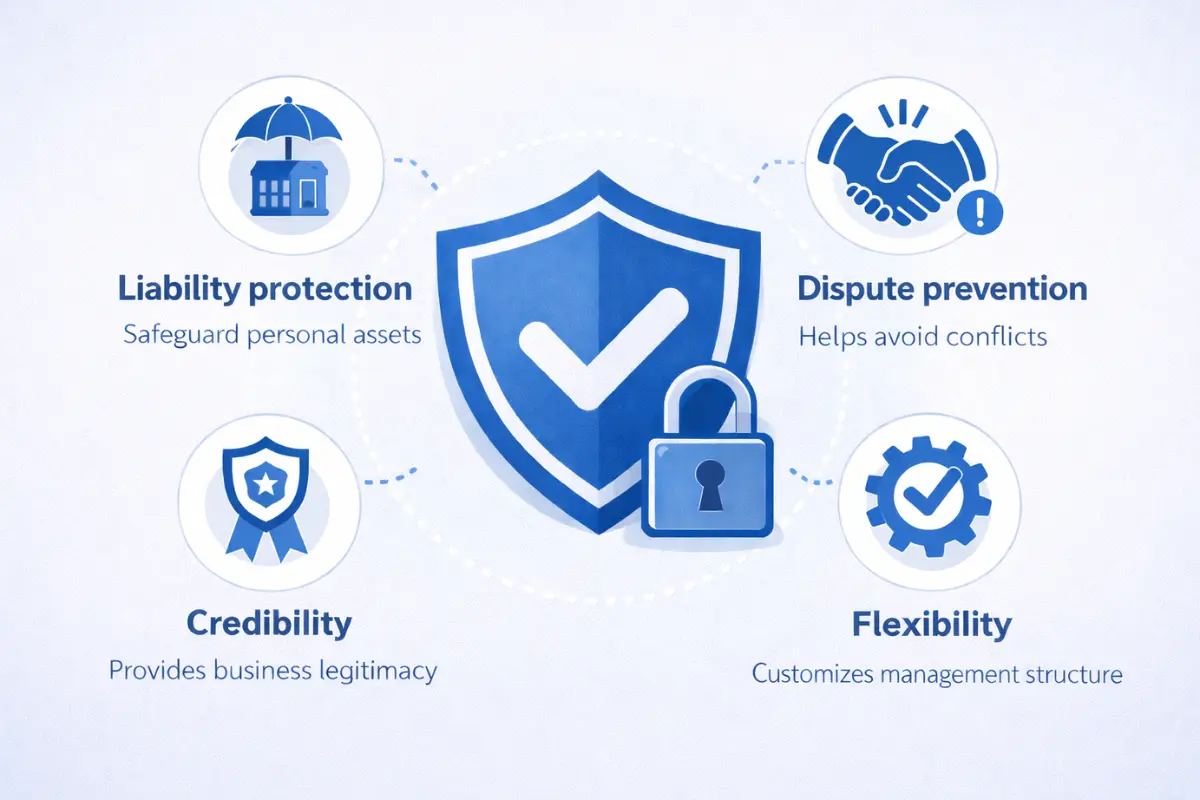benefits-of-operating-agreement Benefits of operating agreement for LLC showing liability protection dispute prevention credibility and flexibility as reasons why an LLC needs an operating agreement
