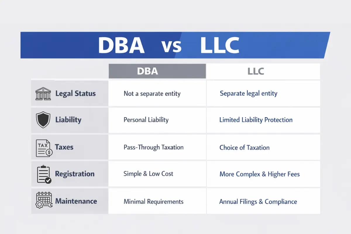 dba-vs-llc-comparison DBA vs LLC comparison chart showing what is a DBA vs LLC including legal status liability taxes registration costs and pros and cons of DBA vs LLC.