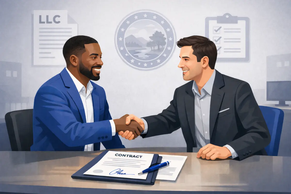 Business owners transferring LLC ownership through a signed agreement