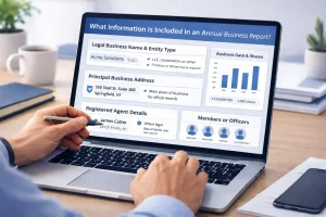 What information is included in an annual business report showing corporate annual report form with business name address registered agent and members or officers