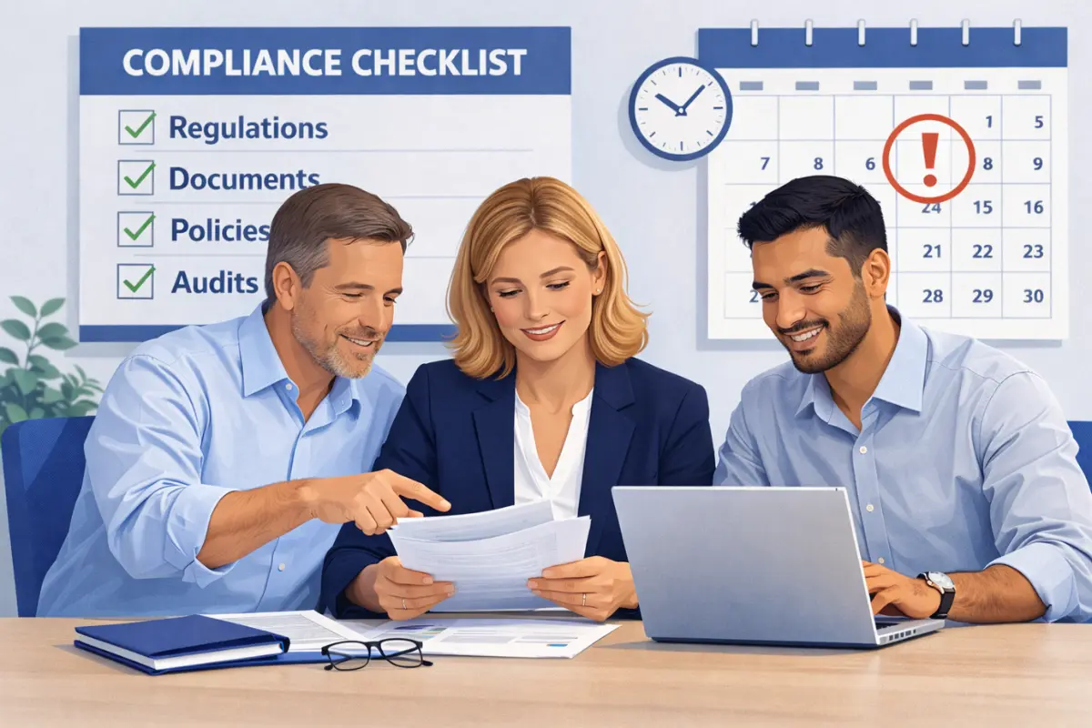 Business compliance requirements team reviewing LLC annual report deadline and state filing compliance checklist to maintain business entity good standing.