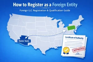 Register as a foreign entity illustration showing LLC expanding from one state to another with certificate of authority