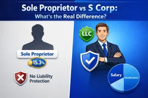 Sole proprietor vs S Corp comparison showing tax savings and liability protection differences