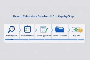 Step-by-step infographic showing how to reinstate a dissolved LLC including identifying the compliance issue, fixing compliance, submitting the reinstatement application, providing required documents, and paying reinstatement fees