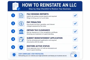 Checklist showing the steps required to reinstate a dissolved LLC