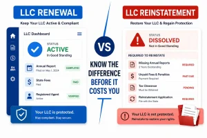 Comparison between LLC renewal and LLC reinstatement showing active status versus dissolved business recovery