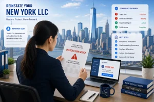 New York LLC reinstatement illustration showing business owner restoring dissolved LLC
