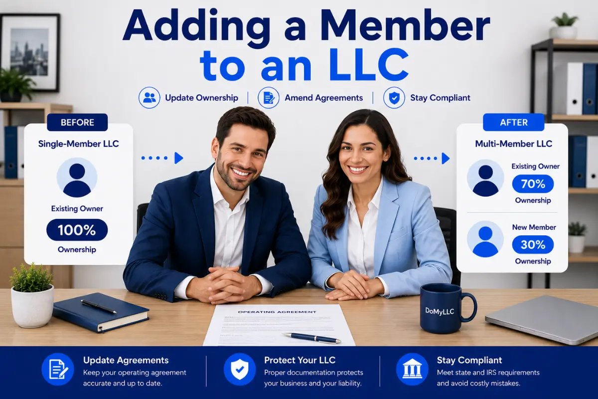 add-member-to-llc-ownership Business owners reviewing an LLC operating agreement while adding a new member and updating ownership percentages