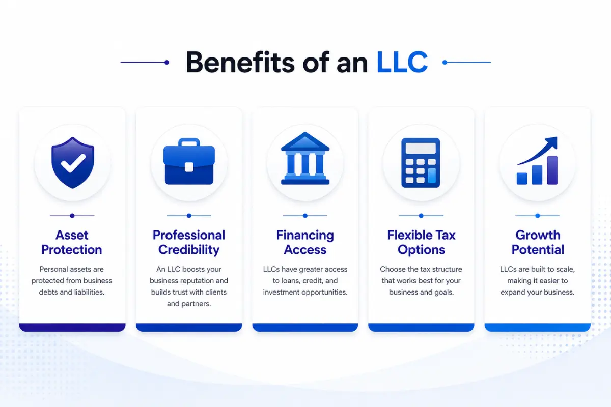 benefits-of-llc-vs-sole-proprietorship-img Benefits of an LLC compared to a sole proprietorship including liability protection, financing opportunities, tax flexibility, and business growth