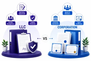 Business owner comparing LLC and corporation business structures for liability protection, taxes, and growth opportunities
