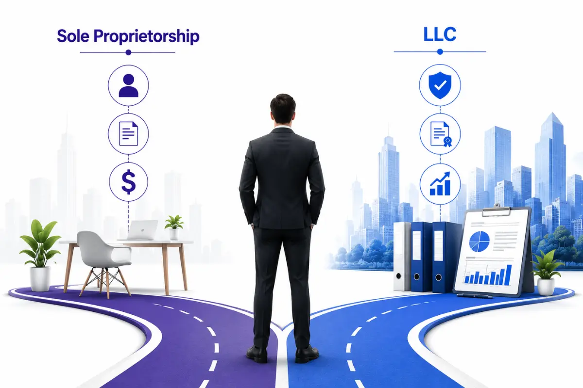 llc-vs-sole-proprietorship-business-structure-guide LLC vs sole proprietorship comparison showing liability protection, business growth potential, and startup requirements for small business owners