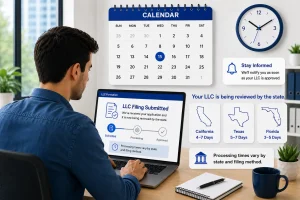 Entrepreneur checking LLC filing status on a laptop while tracking business formation timeline
