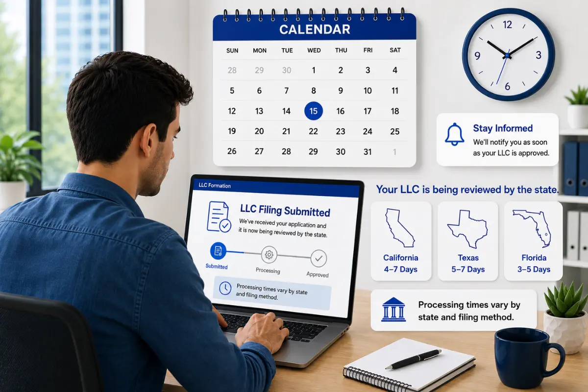 how-long-does-it-take-to-form-an-llc Entrepreneur checking LLC filing status on a laptop while tracking business formation timeline