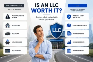 Business owner deciding if forming an LLC is worth it for liability protection and business growth