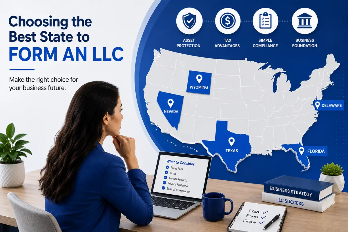 best-state-to-form-an-llc Business owner comparing the best state to form an LLC including Delaware, Wyoming, Nevada, Texas, and Florida