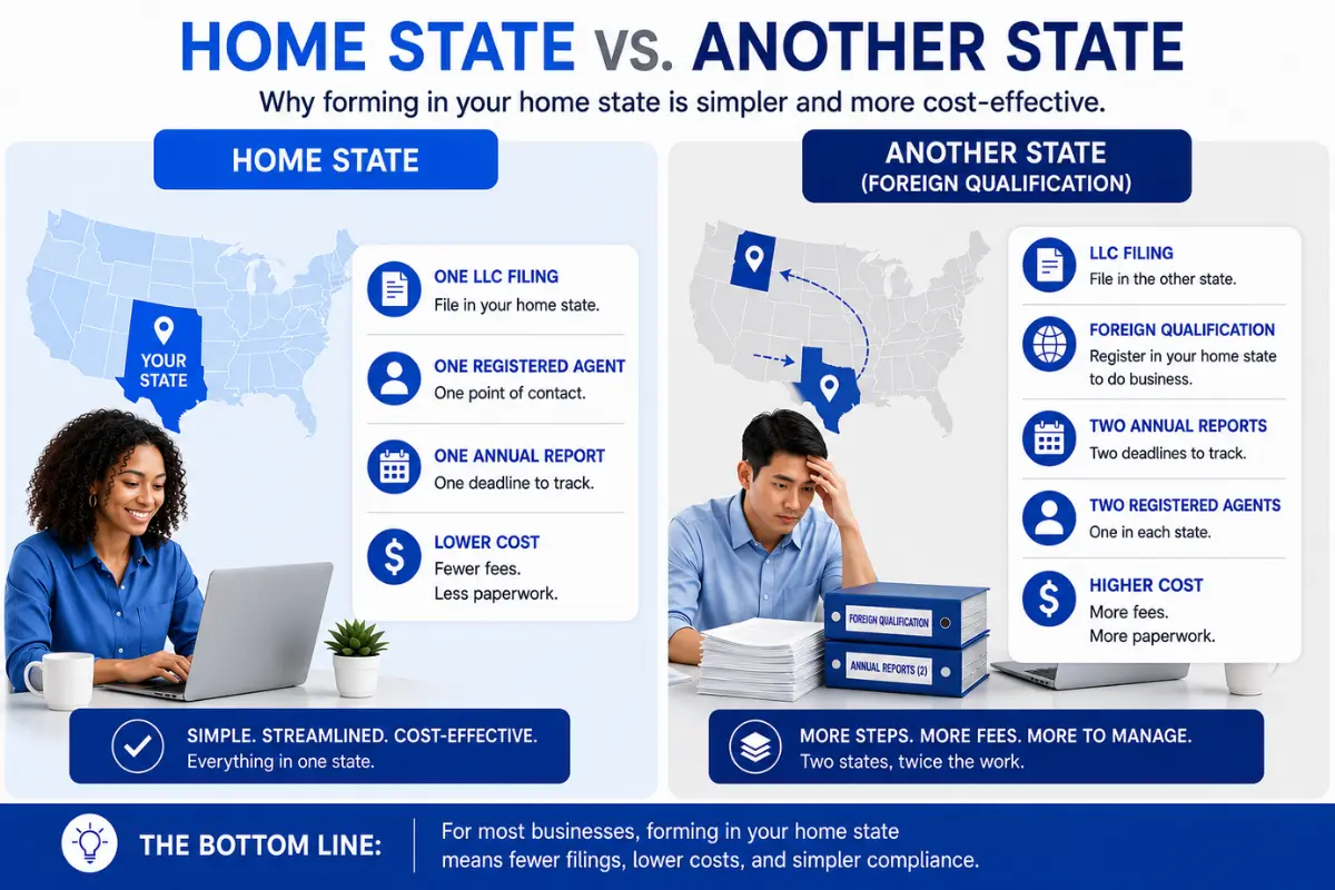 home-state-vs-foreign-llc-registration Comparison showing home state LLC formation versus foreign qualification in another state