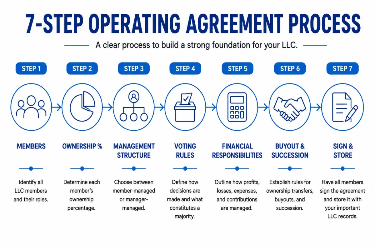 Seven-step process for creating an LLC operating agreement from identifying members through signing and storing the document.
