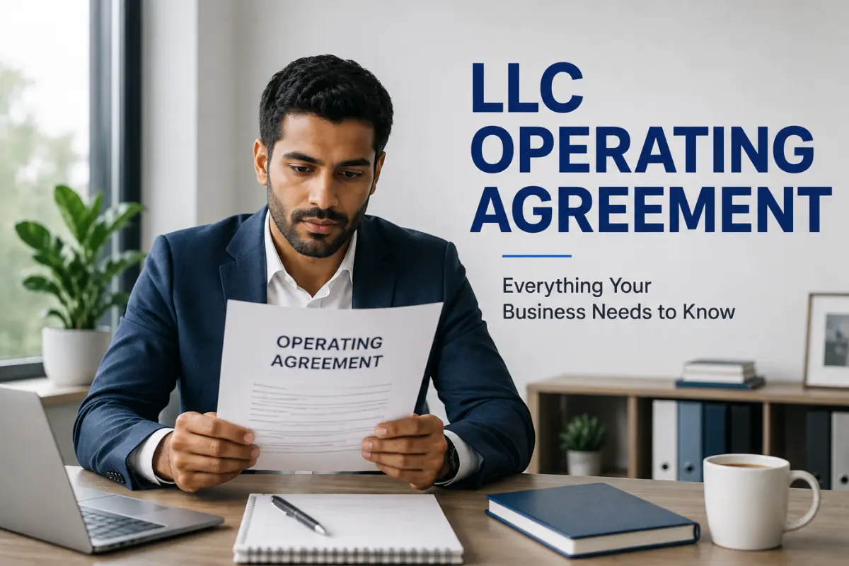 Business owner reviewing an LLC operating agreement on a laptop before creating an operating agreement.