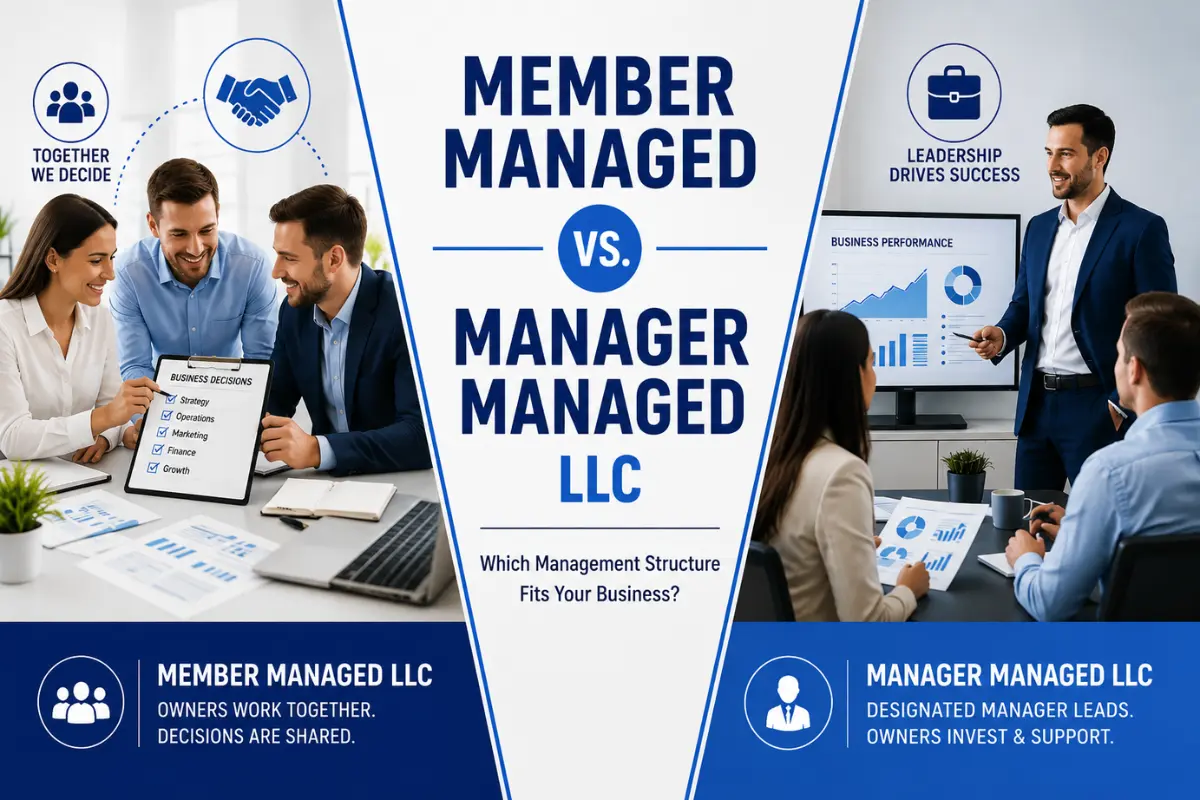 member-managed-vs-manager-managed-llc Illustration comparing a member managed LLC vs manager managed LLC management structure