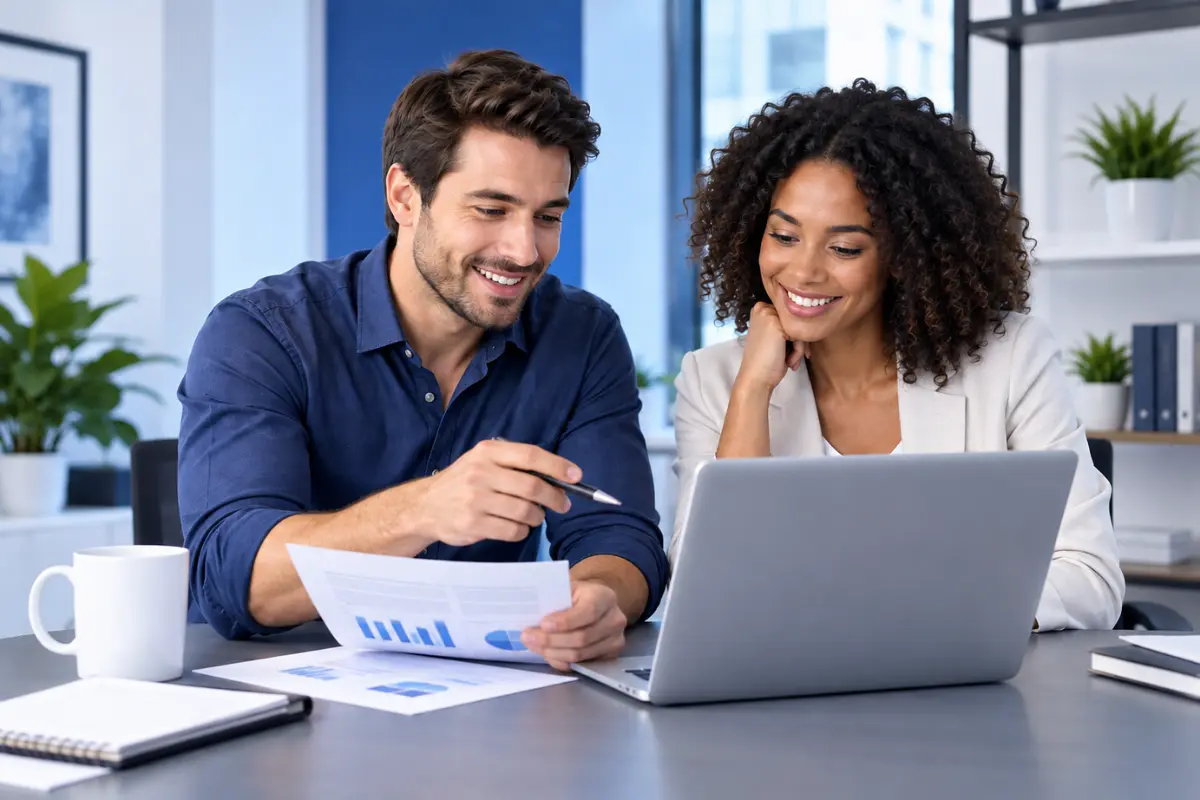 can-an-llc-have-multiple-owners Two business owners reviewing documents together while planning their multi-member LLC.