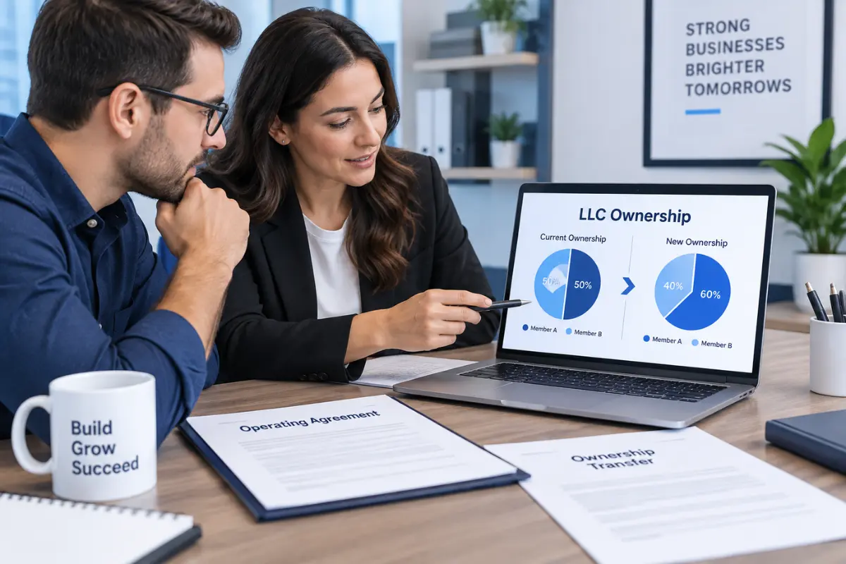 how-to-change-ownership-percentage-of-an-llc Two LLC owners reviewing business documents and discussing a change in ownership percentages.