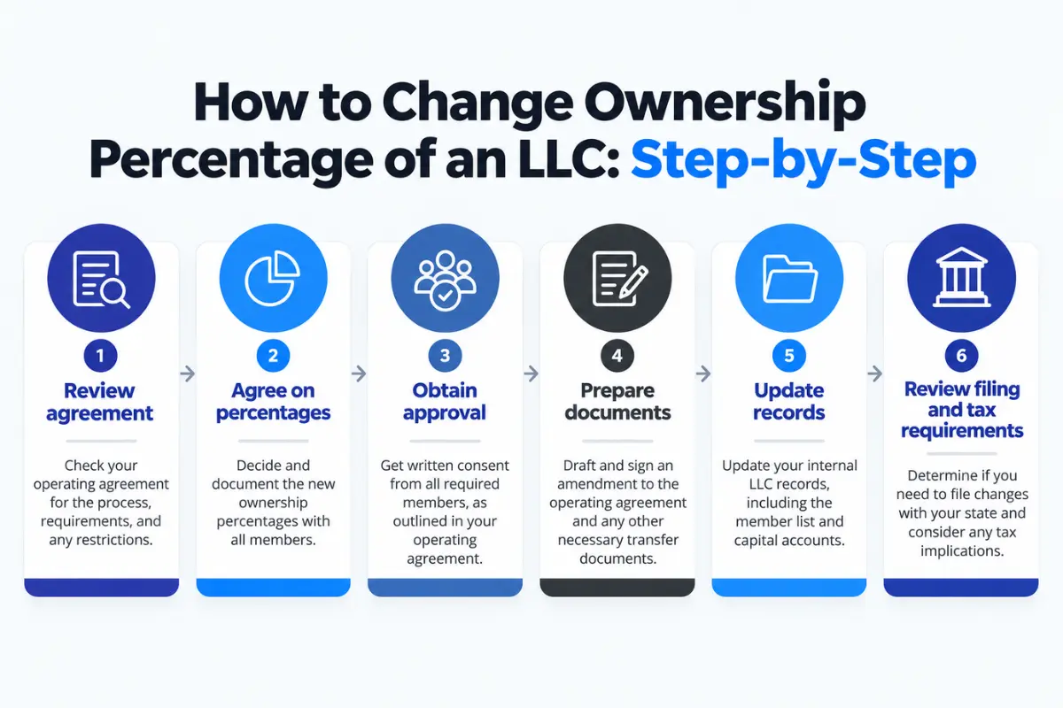 llc-ownership-percentage-change-steps Six steps to change LLC ownership percentages, from reviewing the operating agreement to checking filing and tax requirements.