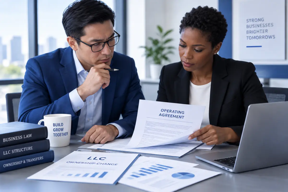 remove-member-from-llc Business owners reviewing an LLC operating agreement and ownership documents