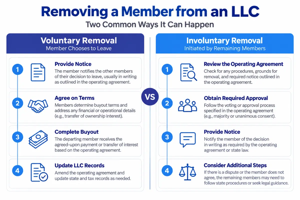 voluntary-vs-involuntary-llc-member-removal Comparison of voluntary and involuntary LLC member removal and their documentation requirements